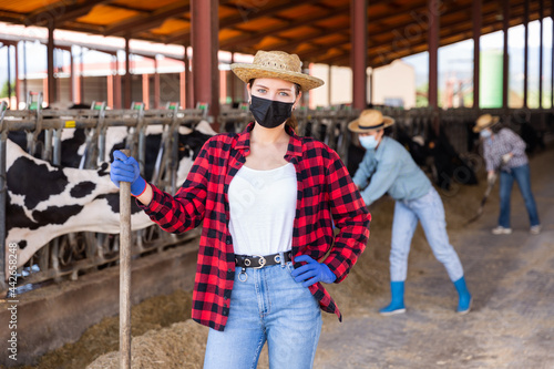 Portrait of young positive woman farmer wearing face mask for disease and air pollution protection working in cowshed at dairy farm