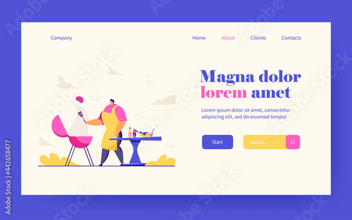 Cartoon man cooking meat steak, doing BBQ outdoor. Flat vector illustration. Person frying or grilling shashlik or square. Food, cooking, picnic concept for banner design or landing page