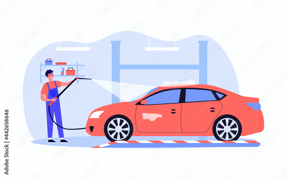 Happy auto service worker washing car. Young male character in uniform cleaning vehicle with water flat vector illustration. Car service concept for banner, website design or landing web page
