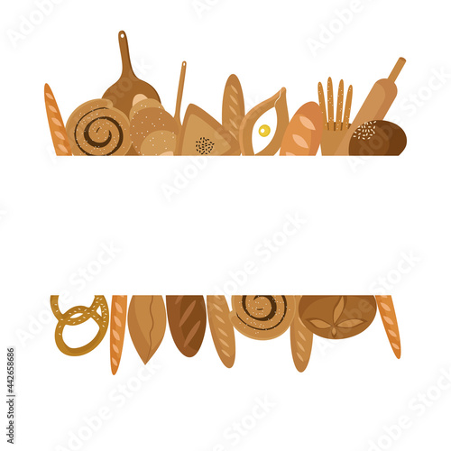 A frame for a text made of bread products. Buns, loaves, baguettes, pretzel, croissant. Vector illustration isolated.