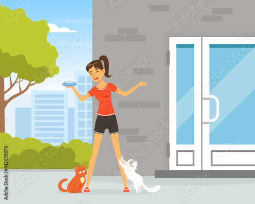 Laughing Woman with Milk Bowl Feeding Street Cats Vector Illustration