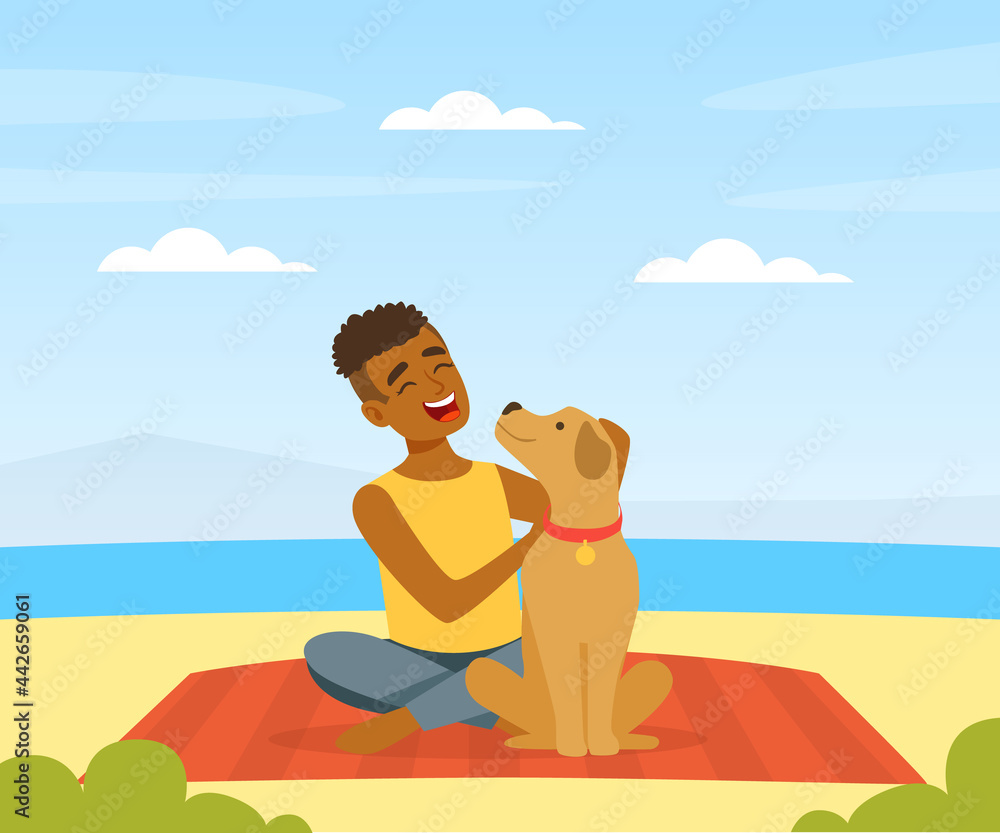 Laughing Man Pet Owner with His Dog Sitting on Beach Sunbathing Vector Illustration