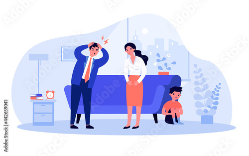 Husband shouting at wife while son hiding behind sofa. Angry father, sad mother, scared little boy flat vector illustration. Family, divorce concept for banner, website design or landing web page