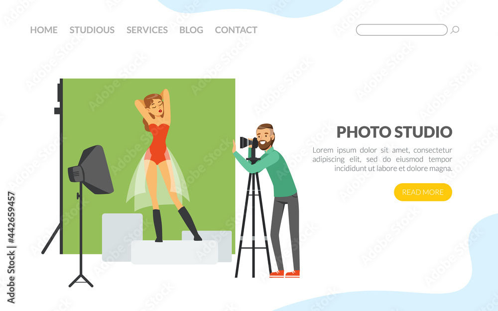 Photo Studio and Photo Session Landing Page with Woman in Front of Photographer with Professional Camera Vector Illustration