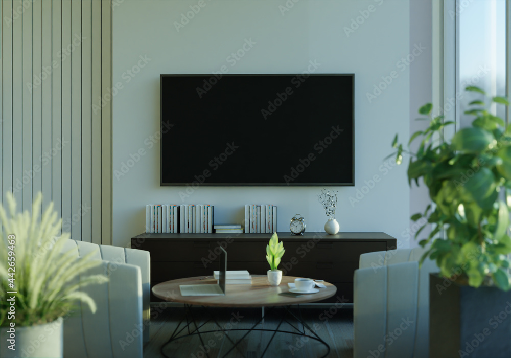 Obraz premium Furnished living room and wall mounted TV, 3D style.