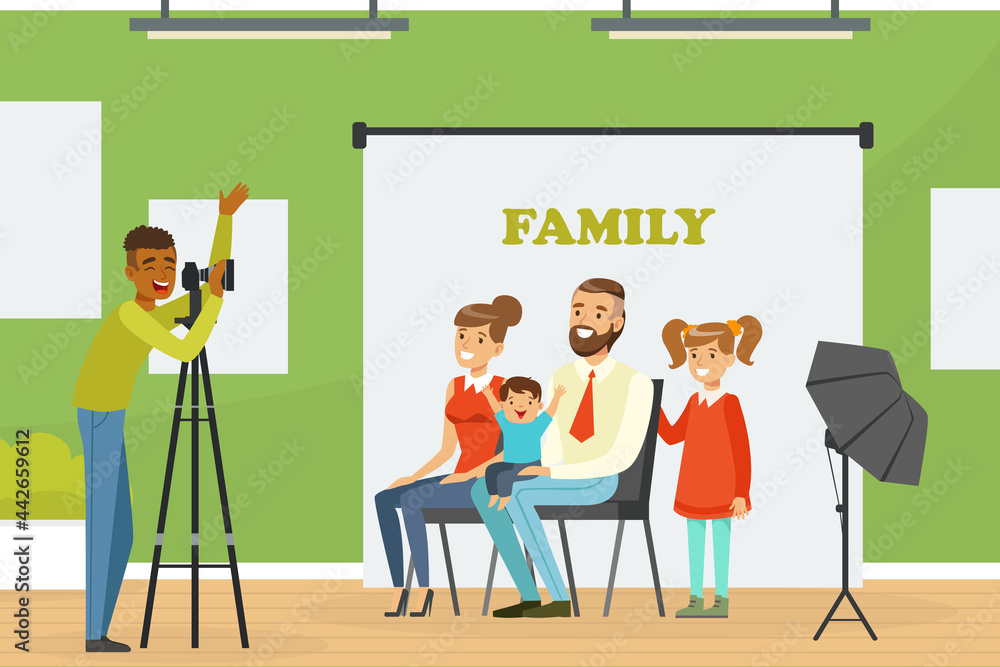 Family Members Sitting in Front of Photographer with Professional Camera Vector Illustration