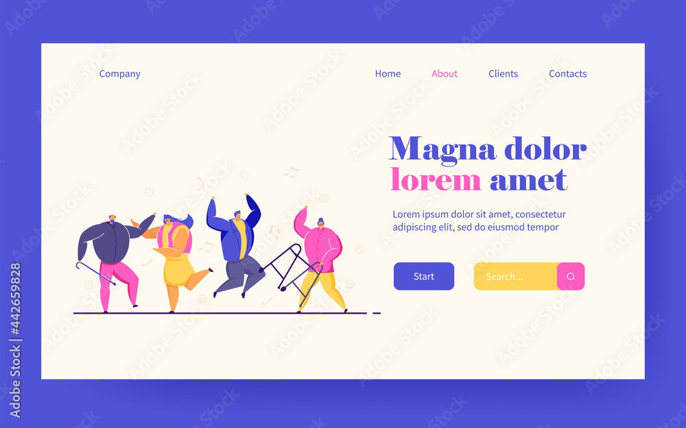 Group of happy old people jumping and dancing. Elders having fun to music, aged men and women at party flat vector illustration. Dance club concept for banner, website design or landing web page Group of happy old people jumping and dancing. Elders having fun to music, aged men and women at party flat vector illustration. Dance club concept for banner, website design or landing web page