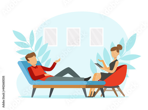 Man on Couch at Appointment with Psychologist Talking About His Problem Vector Illustration
