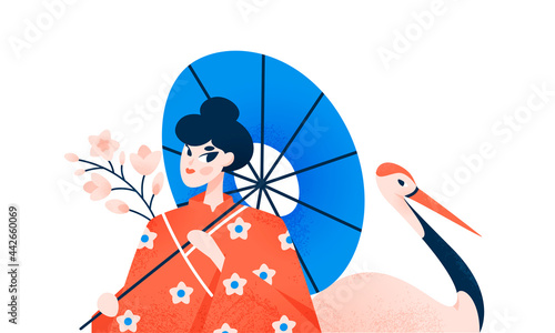 Japanese woman holding paper umbrella flat cartoon illustration. Asian traditional clothing  banner design. Geisha aesthetic background.