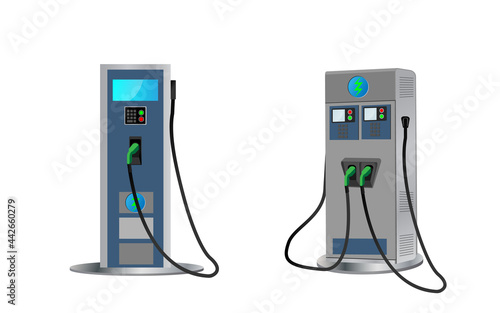 Charging station for electric car. 3d rendering EV charging stations or electric vehicle recharging stations. Power supply for electric car charging.