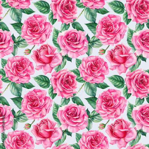  Floral background. Pink roses, seamless patterns, watercolor painting flowers 