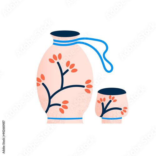 Sake bottle and cup isolated vector illustration. Traditional asian rice alcohol drink design element. 