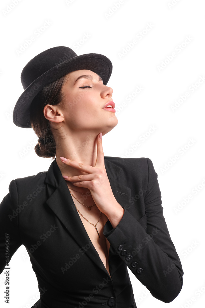 Beautiful young woman in stylish hat on white background Beautiful young woman in stylish hat on white background