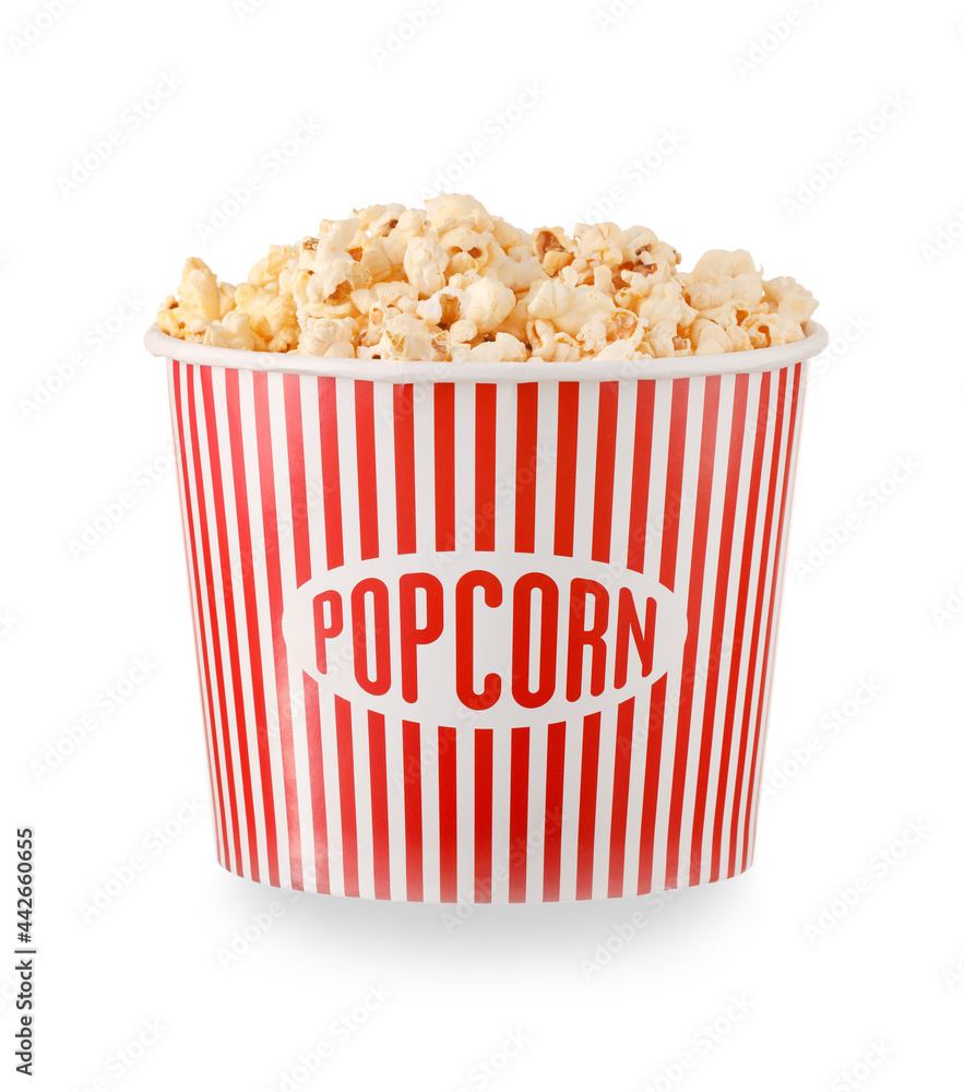 Bucket with tasty popcorn on white background