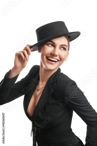 Beautiful young woman in stylish hat on white background © Pixel-Shot