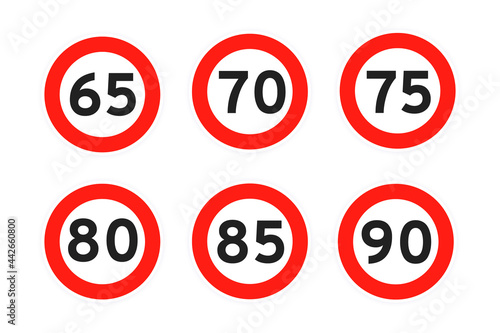 Speed limit 65, 70, 75, 80, 85, 90 round road traffic icon sign flat style design vector illustration set isolated on white background. Circle standard road sign with number kmh.