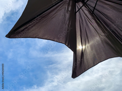Black parasol  umbrella  sun protection. Photo taken from below  a sunny summer day in Sweden. Blue sky background  copy space and place for text.