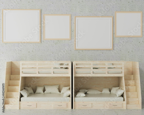 Obraz na płótnie Bedroom with bunk bed and picture wall frame.