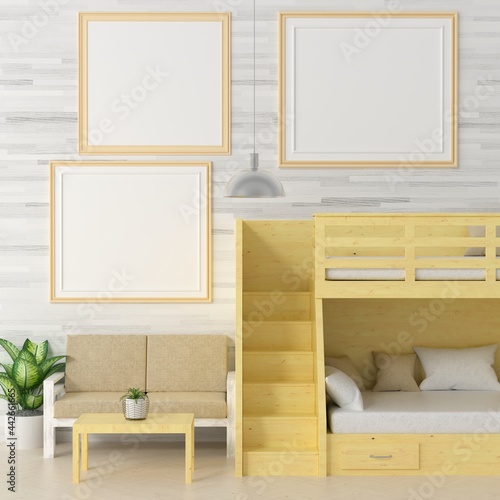 Bedroom with bunk bed and picture wall frame.