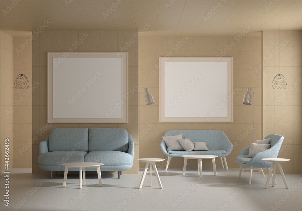 Fototapeta premium The living room is decorated with chairs, sofaand picture frames,.