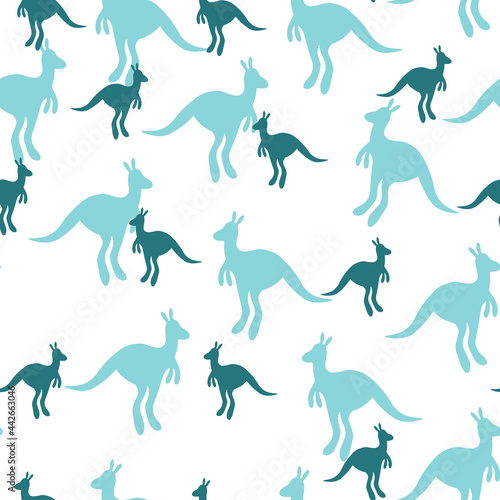 Vector flat illustration with silhouette kangaroo and baby kangaroo. Seamless pattern on white background. Design for card, poster, fabric, textile. Pray for Australia and animals