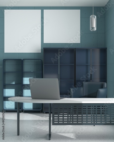 Office room with laptop on the table, 3D style. © Johnstocker