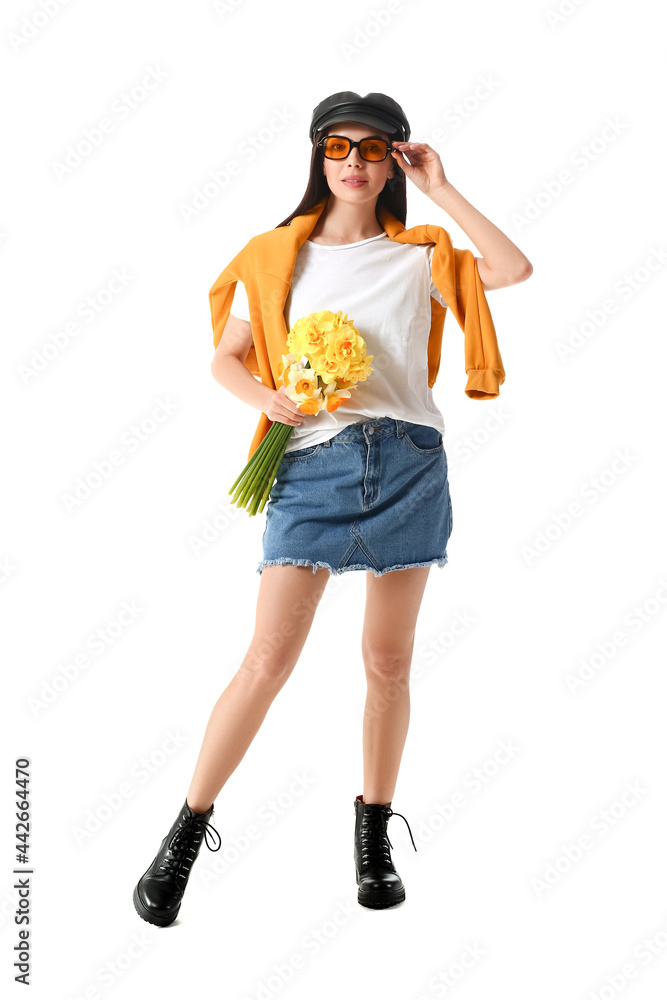 Beautiful young woman with narcissus bouquet on white background Beautiful young woman with narcissus bouquet on white background