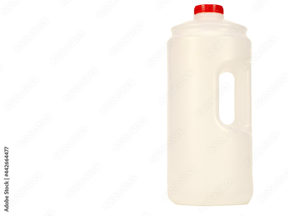 The white water bottle has a red cap on a white background. For carrying.