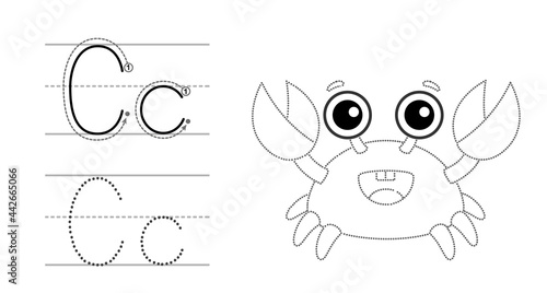 Trace the letter and picture and color it. Educational children tracing game. Coloring alphabet. Letter C and funny crab