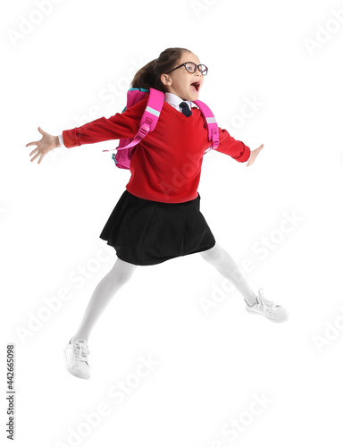 Jumping little schoolgirl o...
