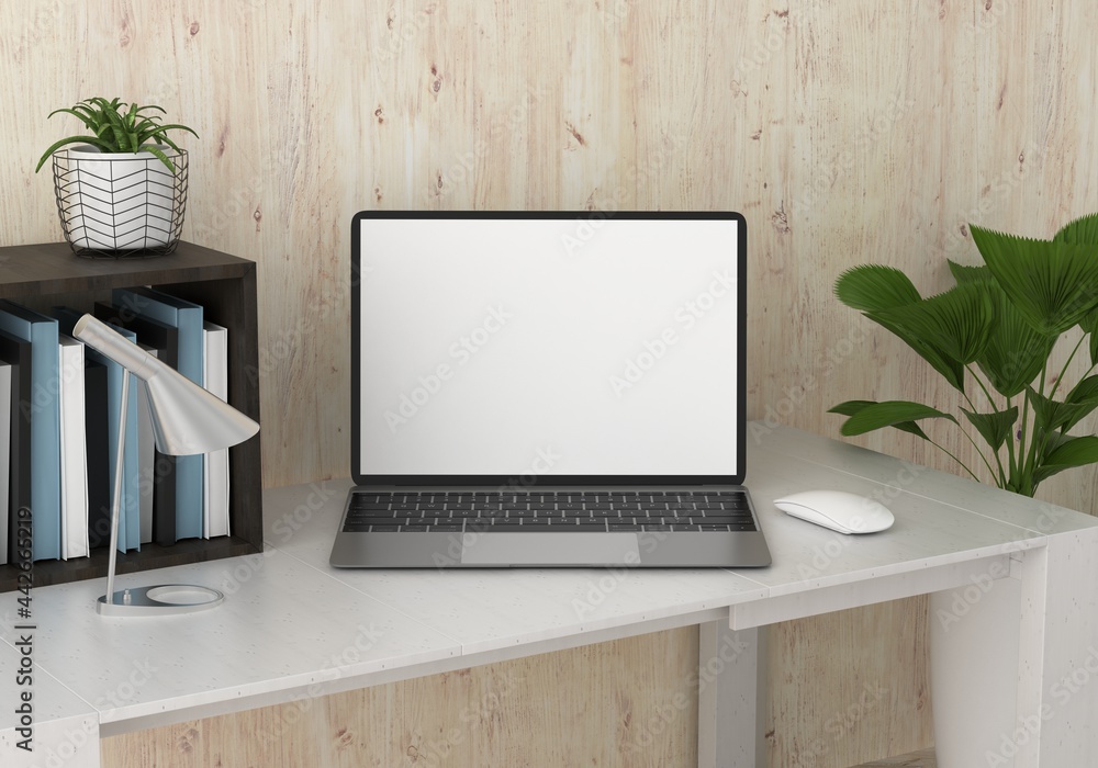 Office room with laptop on the table, 3D style. Office room with laptop on the table, 3D style.