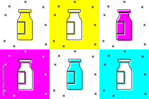 Set Closed glass bottle with milk icon isolated on color background. Vector