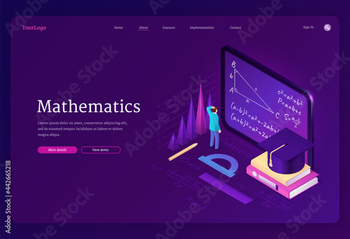 Mathematics isometric landing page. Math science education digital concept. Tiny male student character in school class stand at huge tablet pc with formula on screen and books. 3d vector web banner