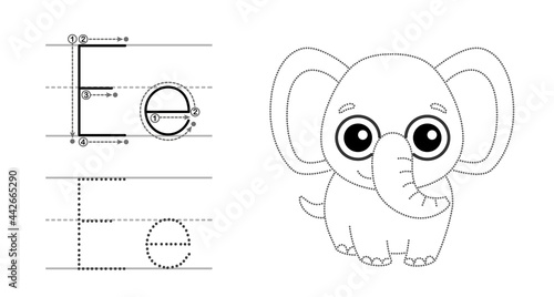 Trace the letter and picture and color it. Educational children tracing game. Coloring alphabet. Letter E and funny elephant