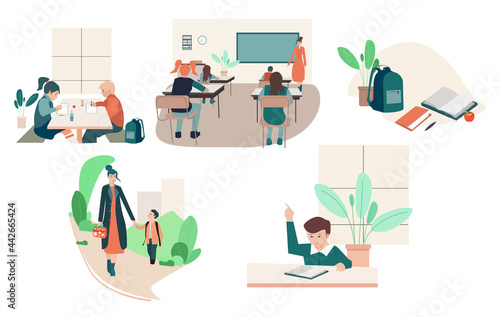 Collection of school illustraions: students on the lesson, doing homework, going to school with mom, answer the question. Editable vector illustration