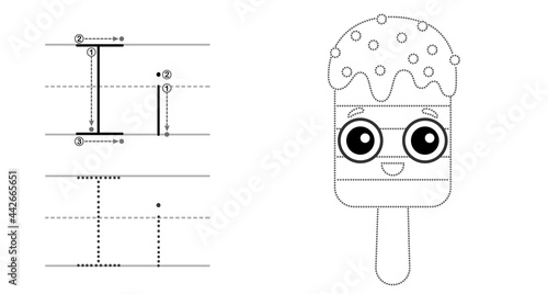 Trace the letter and picture and color it. Educational children tracing game. Coloring alphabet. Letter I and funny ice cream