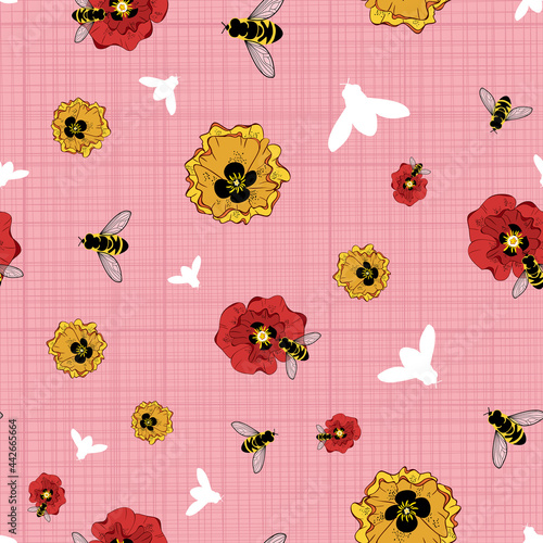 Seamless vector pattern poppies and bees illustration