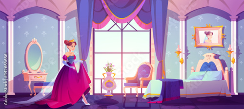 Princess in her royal bedroom, pretty young woman in crown and dress in vintage room interior with elegant retro furniture, bed, cupboard, floral pattern wallpaper decor. Cartoon vector illustration