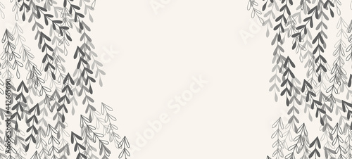 Floral web banner with drawn grey exotic leaves. Nature concept design. Modern floral compositions with summer branches. Vector illustration on the theme of ecology, natura, environment
