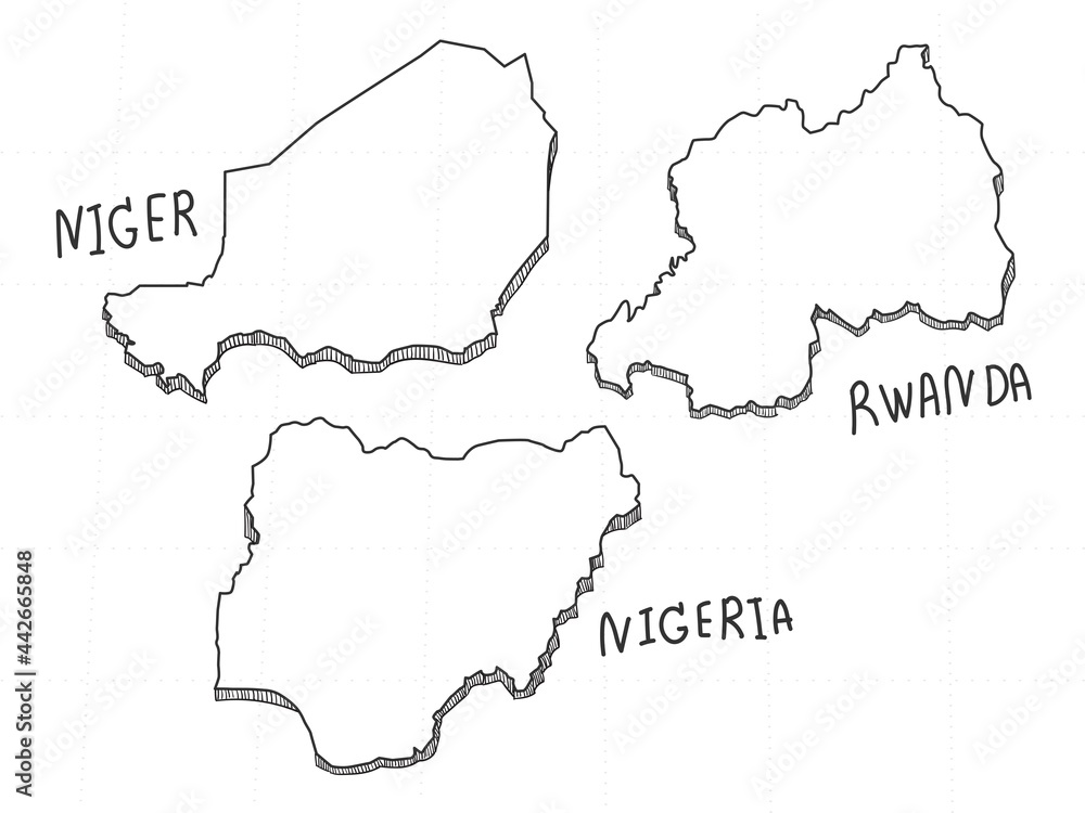 Obraz premium 3 Africa 3D Map is composed Niger, Nigeria and Rwanda. All hand drawn on white background.