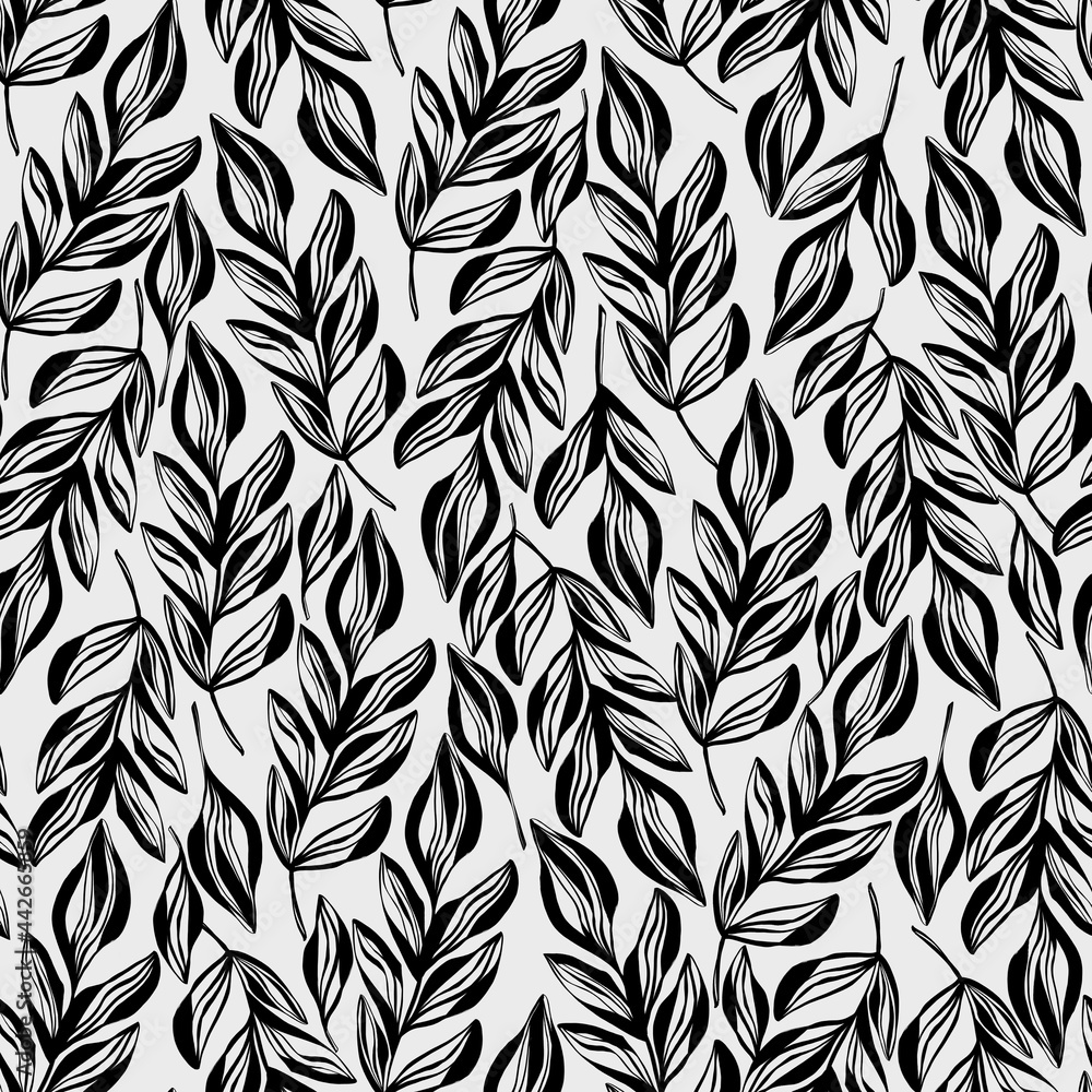 Fototapeta Black and white seamless pattern with line art leaves