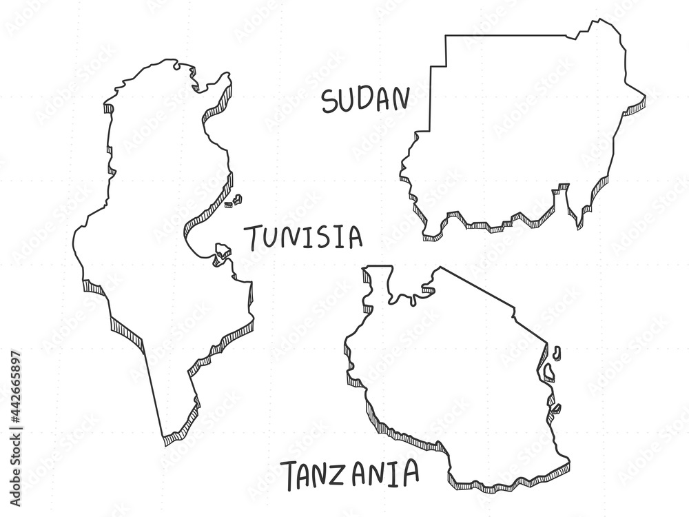 3 Africa 3D Map is composed Sudan, Tunisia and Tanzania. All hand drawn on white background. 