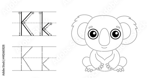 Trace the letter and picture and color it. Educational children tracing game. Coloring alphabet. Letter K and funny Koala