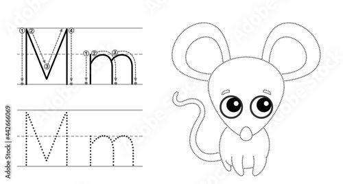 Trace the letter and picture and color it. Educational children tracing game. Coloring alphabet. Letter M and funny Mouse