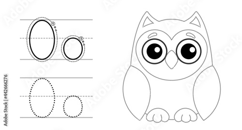 Trace the letter and picture and color it. Educational children tracing game. Coloring alphabet. Letter O and funny Owl