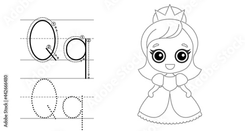 Trace the letter and picture and color it. Educational children tracing game. Coloring alphabet. Letter Q and funny Queen