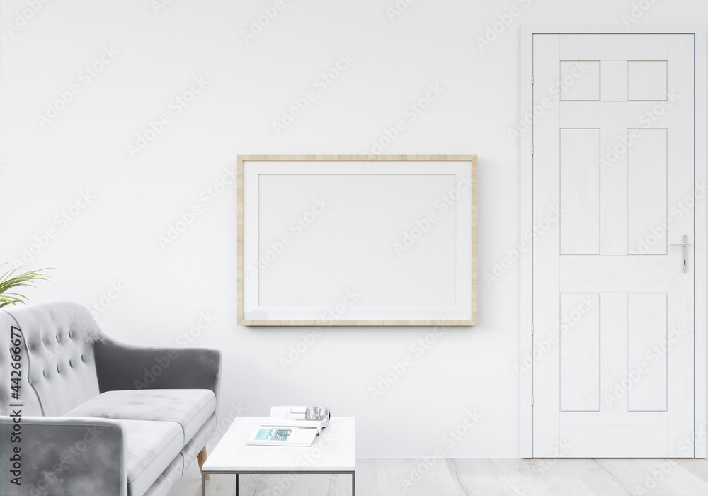 The living room is decorated with sofa and picture frames, 3D style The living room is decorated with sofa and picture frames, 3D style