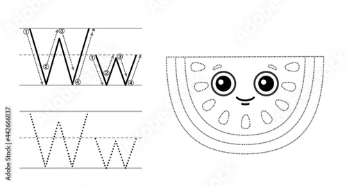 Trace the letter and picture and color it. Educational children tracing game. Coloring alphabet. Letter W and funny Watermelon