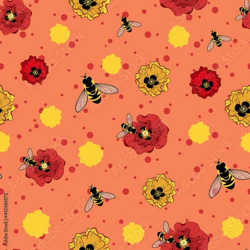 Poppies and bees seamless pattern on orange background with dots