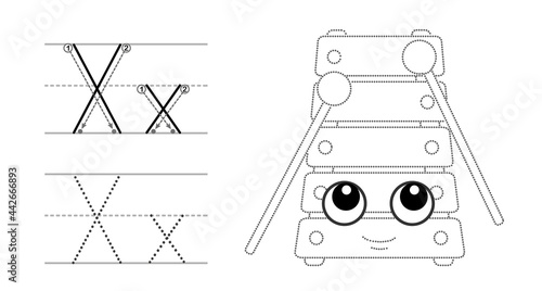 Trace the letter and picture and color it. Educational children tracing game. Coloring alphabet. Letter X and funny Xylophone